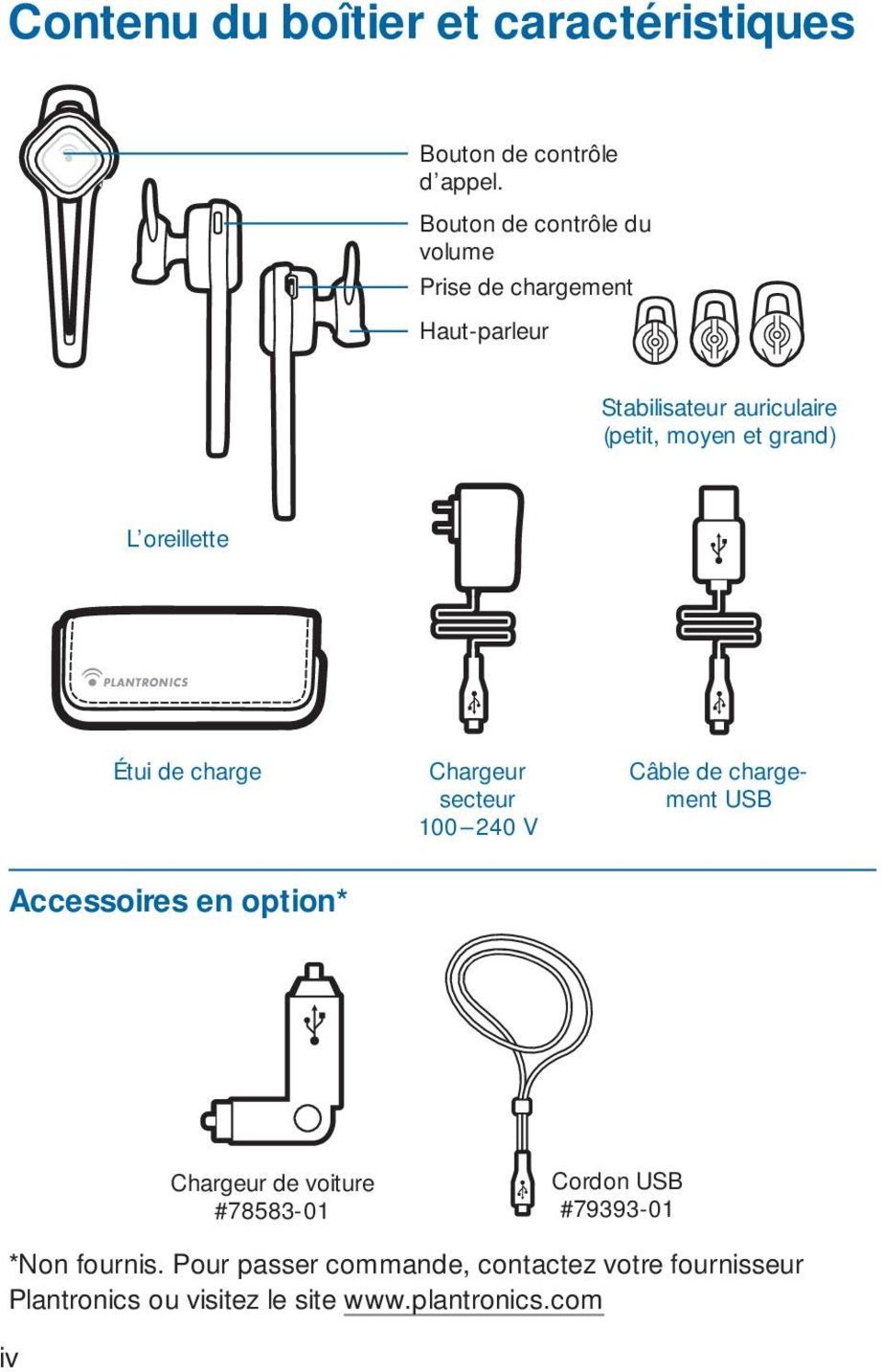 L oreillette Étui de charge Chargeur secteur 100 240 V Câble de chargement USB Accessoires en option* Chargeur