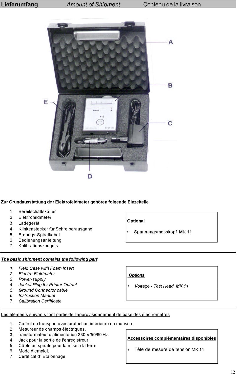 Field Case with Foam Insert 2. Electro Fieldmeter 3. Power-supply 4. Jacket Plug for Printer Output 5. Ground Connector cable 6. Instruction Manual 7.