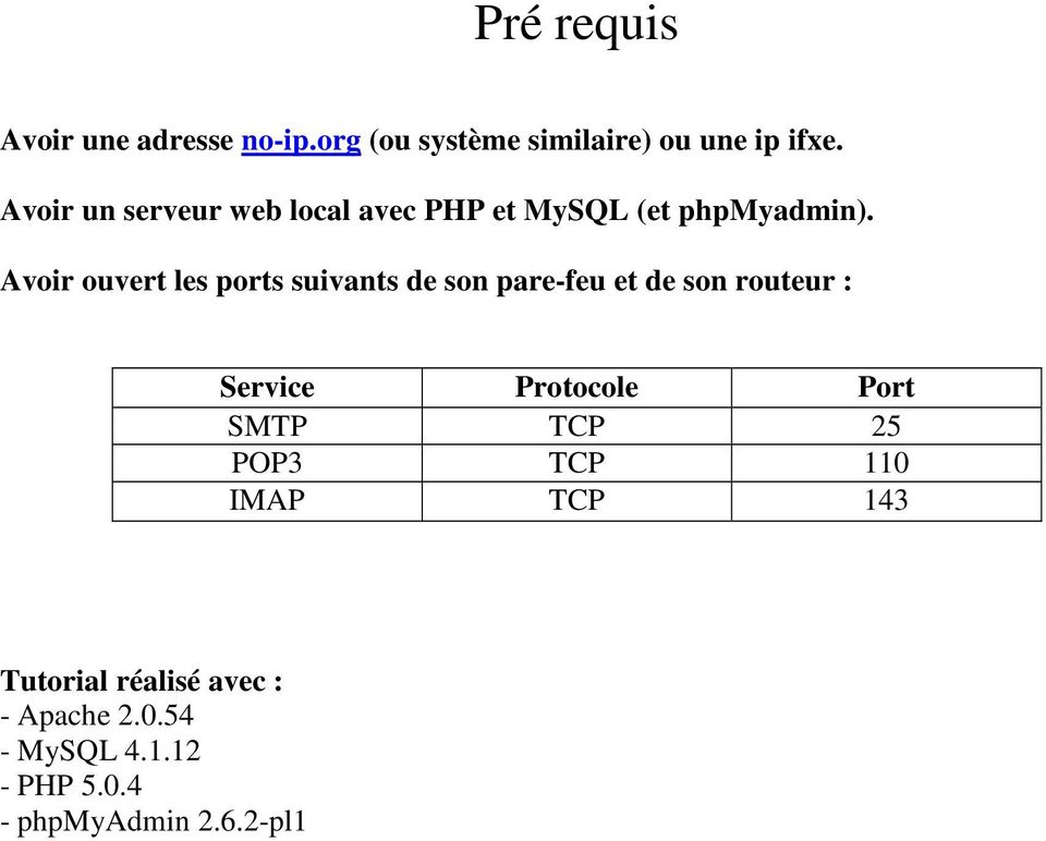 Avoir ouvert les ports suivants de son pare-feu et de son routeur : Service Protocole