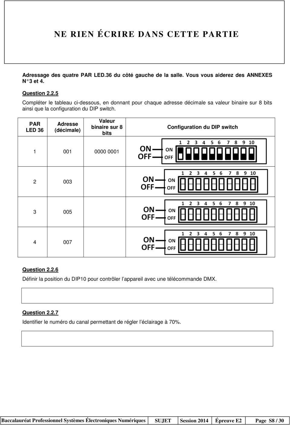PAR LED 36 Adresse (décimale) Valeur binaire sur 8 bits Configuration du DIP switch 1 001 0000 0001 2 