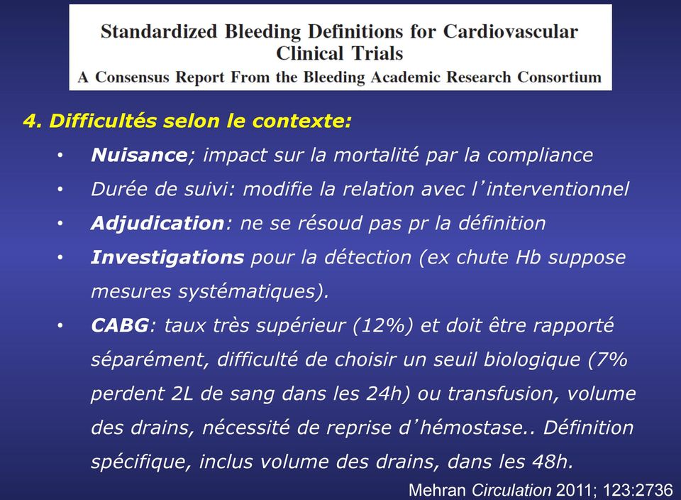 CABG: taux très supérieur (12%) et doit être rapporté séparément, difficulté de choisir un seuil biologique (7% perdent 2L de sang dans les 24h)