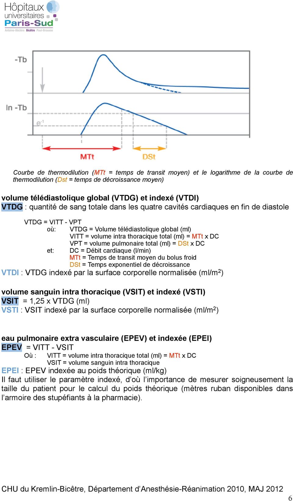 VPT = volume pulmonaire total (ml) = DSt x DC et: DC = Débit cardiaque (l/min) MTt = Temps de transit moyen du bolus froid DSt = Temps exponentiel de décroissance VTDI : VTDG indexé par la surface
