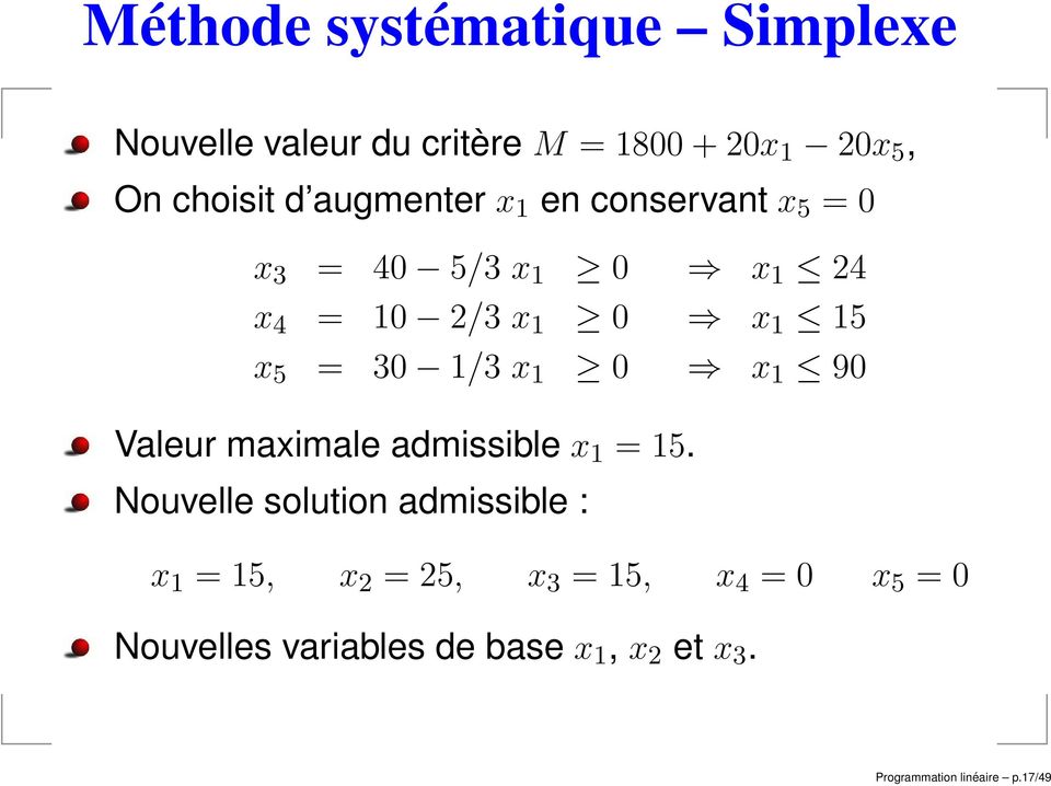 1/3 x 1 0 x 1 90 Valeur maximale admissible x 1 = 15.