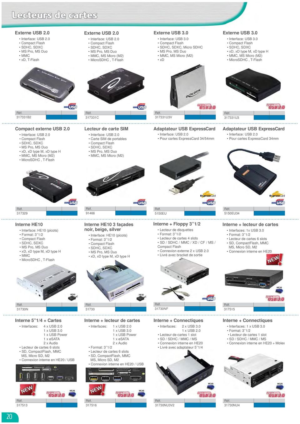 0 Interface: USB 2.0 Compact Flash SDHC, SDXC MS Pro, MS Duo xd, xd type M, xd type H MMC, MS Micro (M2) MicroSDHC, T-Flash Lecteur de carte SIM Interface: USB 2.
