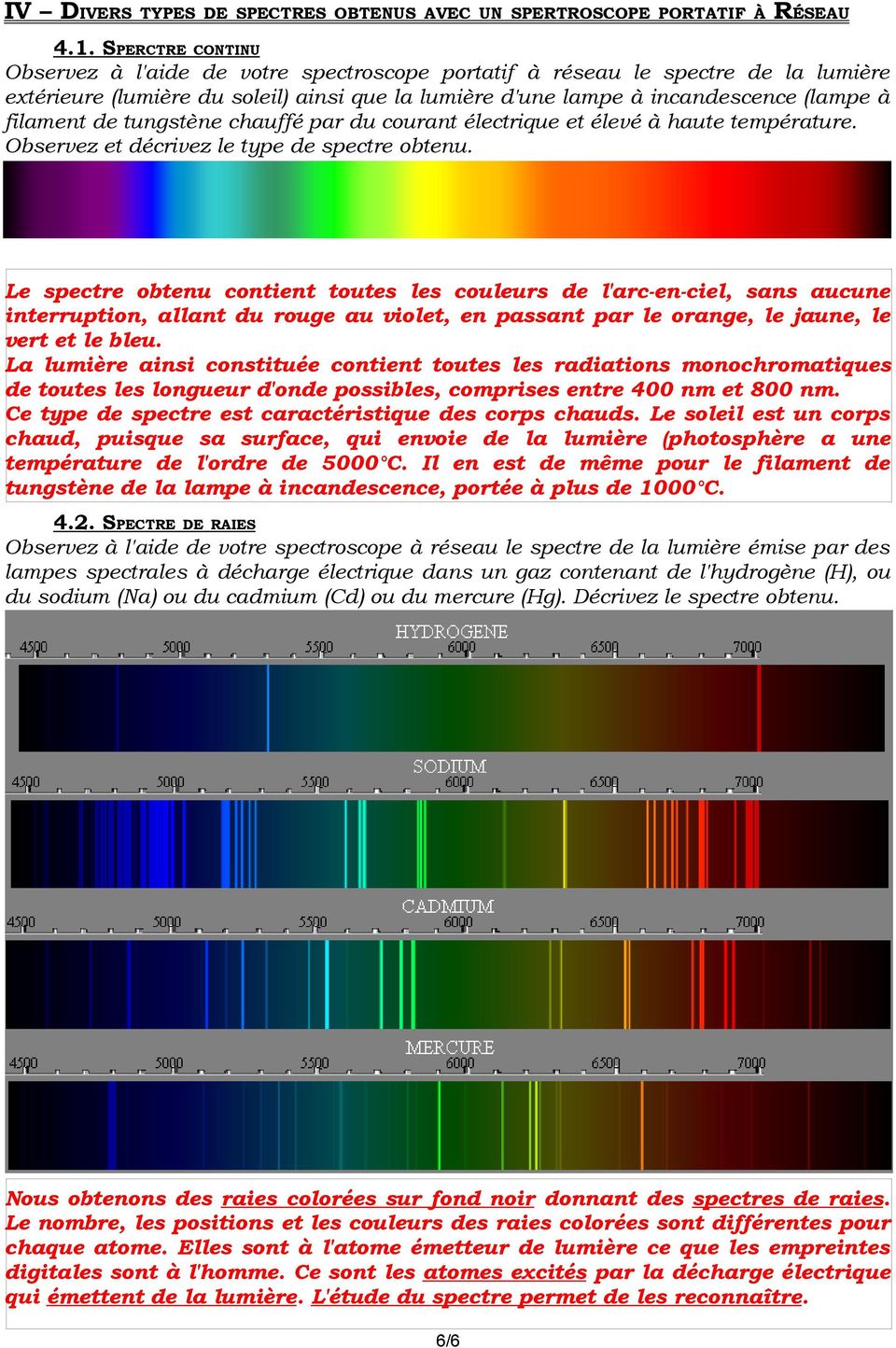 de tungstène chauffé par du courant électrique et élevé à haute température. Observez et décrivez le type de spectre obtenu.