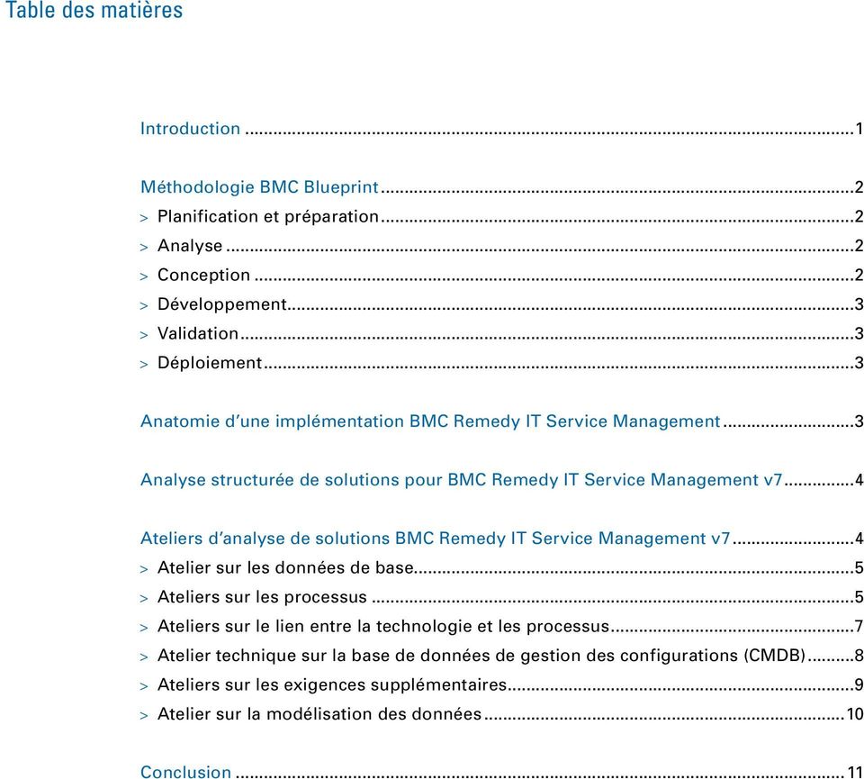 ..4 Ateliers d analyse de solutions BMC Remedy IT Service Management v 7...4 > > Atelier sur les données de base...5 > > Ateliers sur les processus.