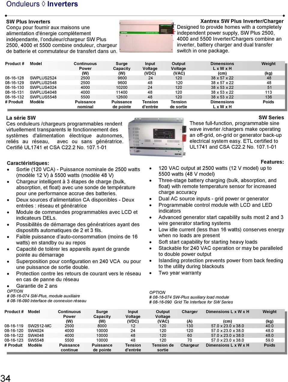 Xantrex SW Plus Inverter/Charger Designed to provide homes with a completely independent power supply, SW Plus 2500, 4000 and 5500 Inverter/Chargers combine an inverter, battery charger and dual