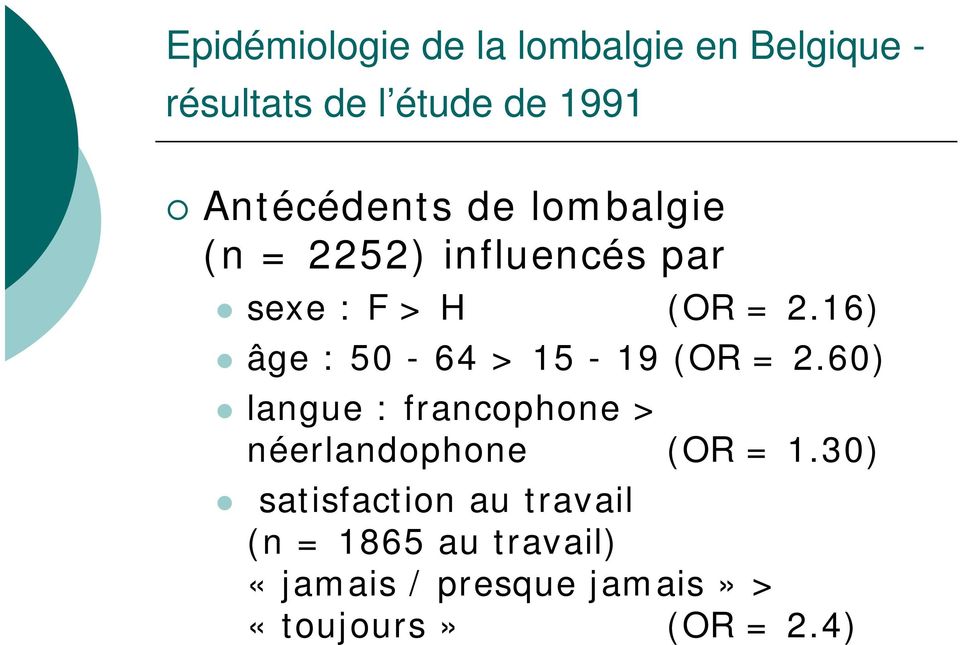 16) âge : 50-64 > 15-19 (OR = 2.60) langue : francophone > néerlandophone (OR = 1.