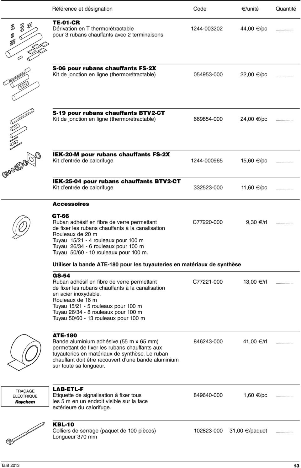 .. S-19 pour rubans chauffants BTV2-CT Kit de jonction en ligne (thermorétractable) 669854-000 24,00 /pc... IEK-20-M pour rubans chauffants FS-2X Kit d entrée de calorifuge 1244-000965 15,60 /pc.