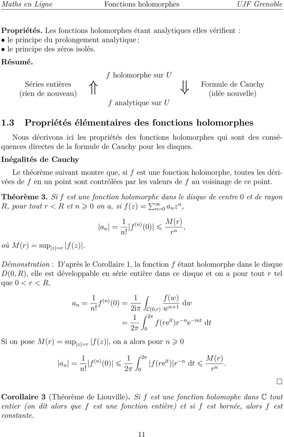 3 Propriétés élémentaires des fonctions holomorphes Nous décrivons ici les propriétés des fonctions holomorphes qui sont des conséquences directes de la formule de Cauchy pour les disques.