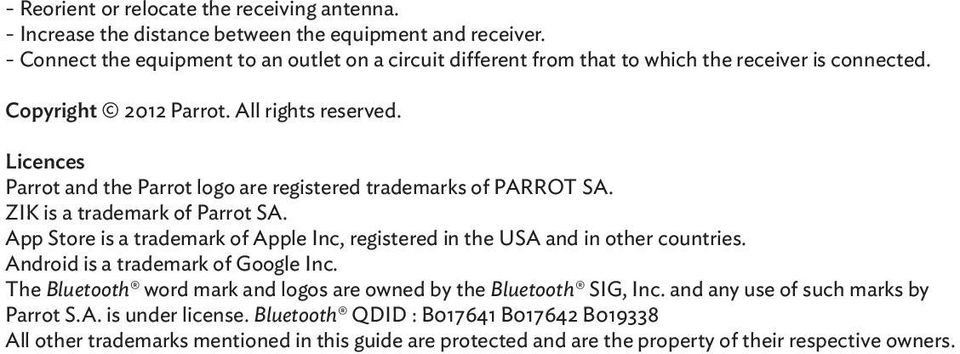 Licences Parrot and the Parrot logo are registered trademarks of PARROT SA. ZIK is a trademark of Parrot SA.