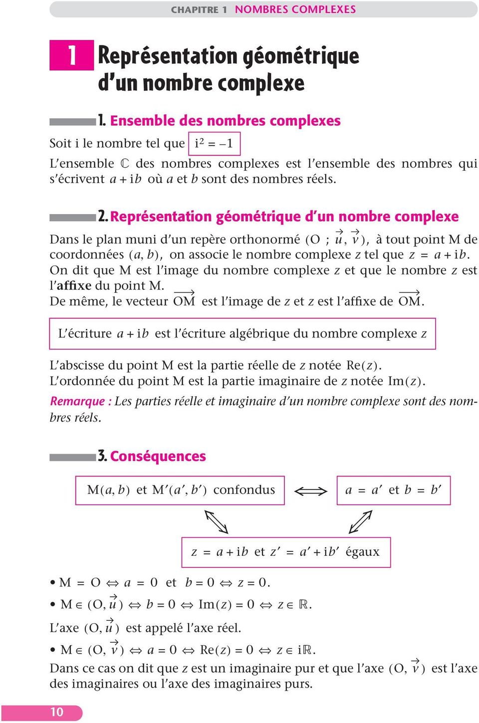 . Représentation géométrique d un nombre complexe Dans le plan muni d un repère orthonormé ( O ; u, v), à tout point M de coordonnées ( a, b), on associe le nombre complexe tel que = a + ib.
