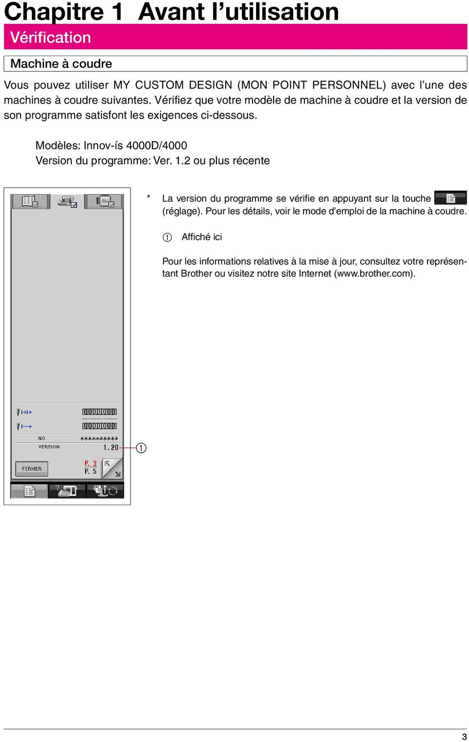 Modèles: Innov-ís 4000D/4000 Version du programme: Ver. 1.2 ou plus récente * La version du programme se vérifie en appuyant sur la touche (réglage).