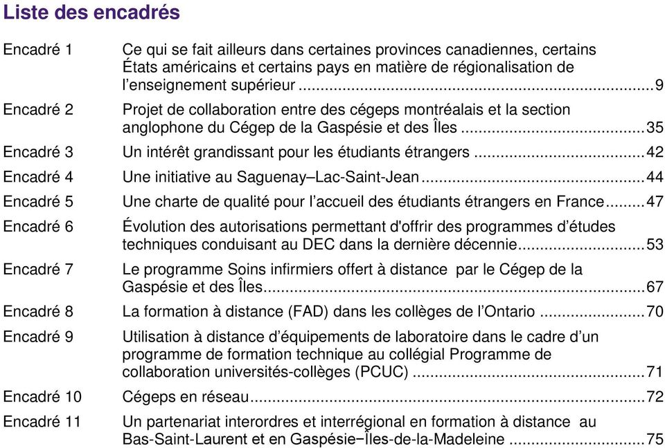 .. 42 Encadré 4 Une initiative au Saguenay Lac-Saint-Jean... 44 Encadré 5 Une charte de qualité pour l accueil des étudiants étrangers en France.