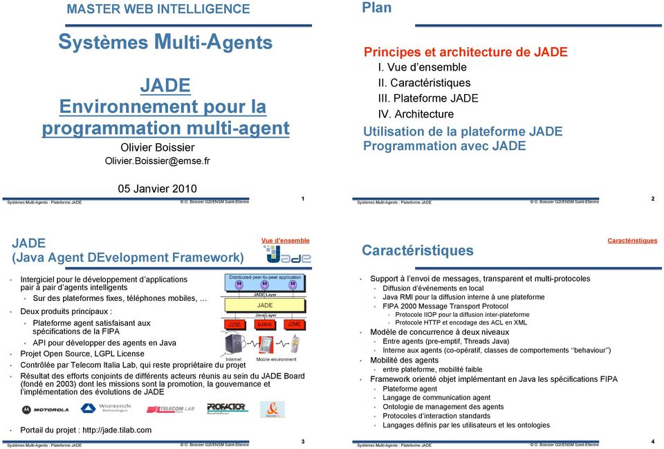 Architecture Utilisation de la plateforme JADE Programmation avec JADE 05 Janvier 2010 JADE (Java Agent DEvelopment Framework) Vue d ensemble Caractéristiques Caractéristiques Intergiciel pour le