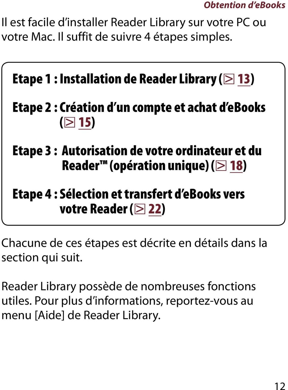 ordinateur et du Reader (opération unique) ( 18) Etape 4 : Sélection et transfert d ebooks vers votre Reader ( 22) Chacune de ces étapes est