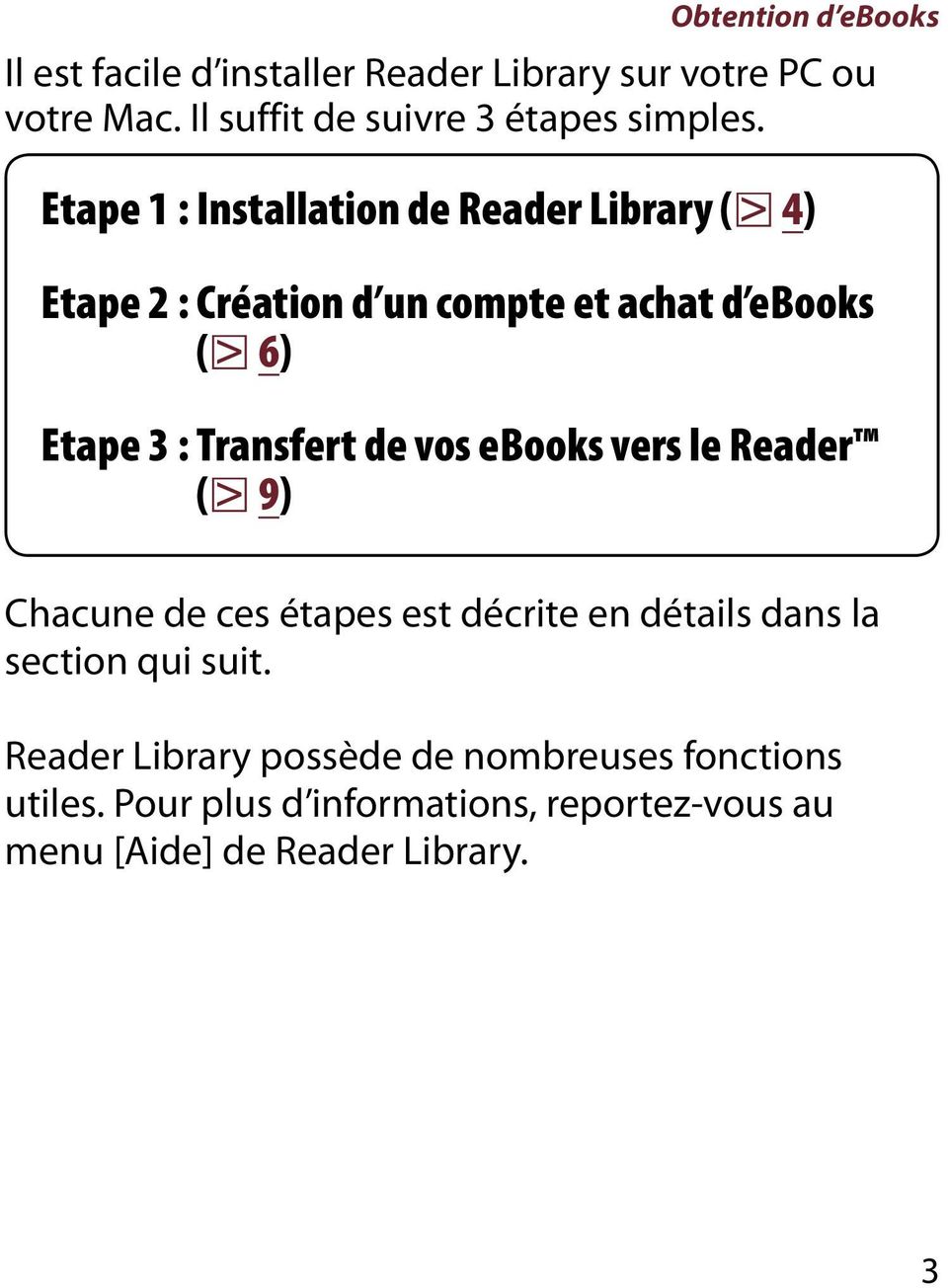 Etape 1 : Installation de Reader Library ( 4) Etape 2 : Création d un compte et achat d ebooks ( 6) Etape 3 : Transfert