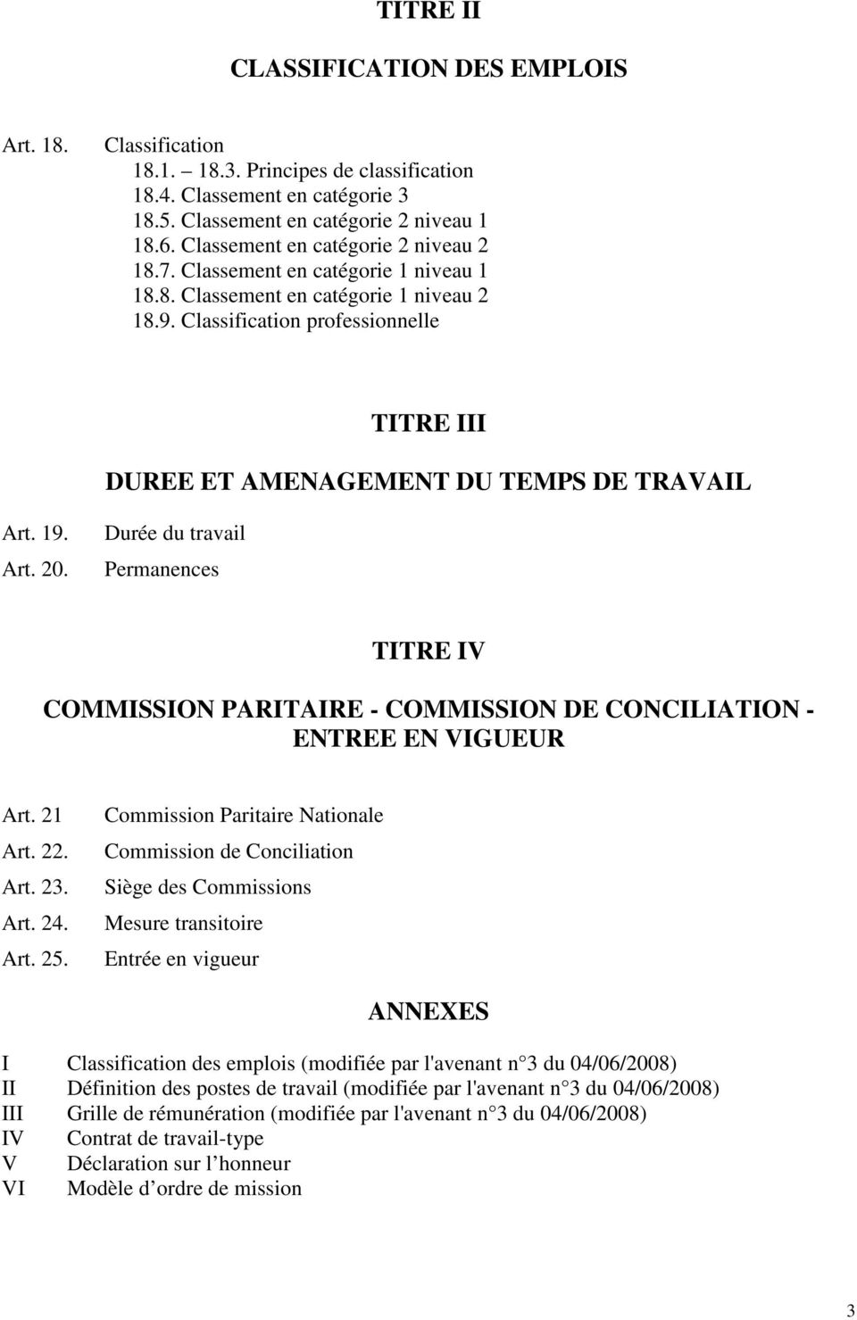Classification professionnelle TITRE III DUREE ET AMENAGEMENT DU TEMPS DE TRAVAIL Art. 19. Art. 20.