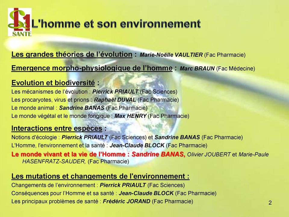 Max HENRY (Fac Pharmacie) Interactions entre espèces : Notions d'écologie : Pierrick PRIAULT (Fac Sciences) et Sandrine BANAS (Fac Pharmacie) L'Homme, l'environnement et la santé : Jean-Claude BLOCK