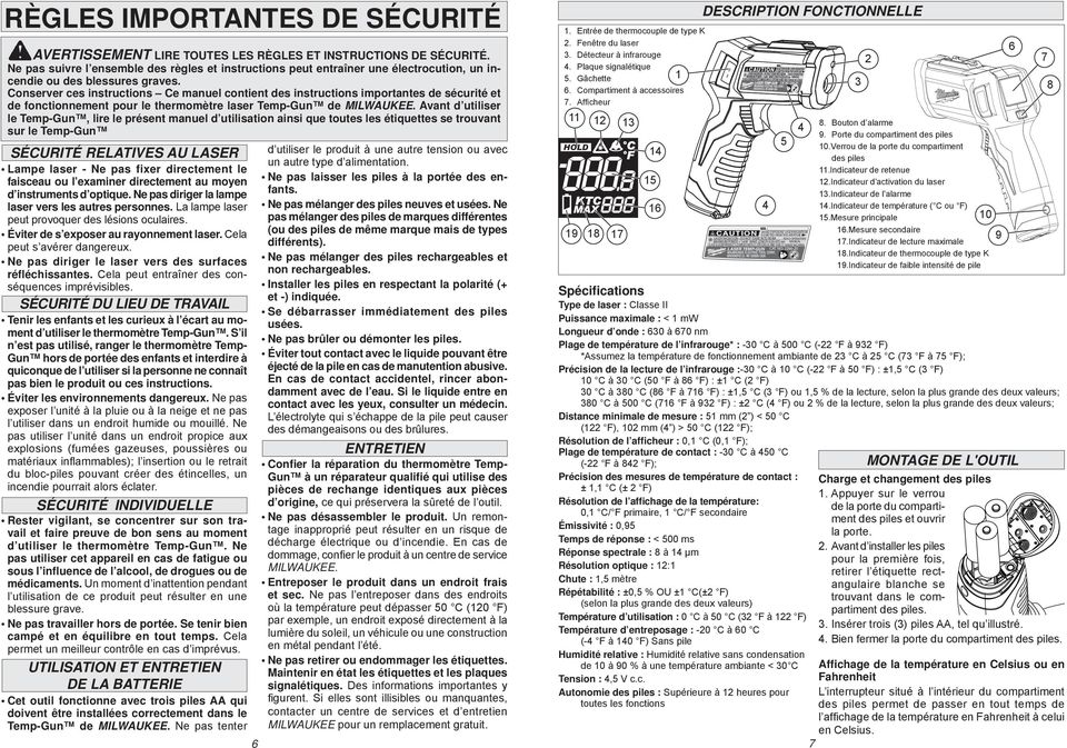Conserver ces instructions Ce manuel contient des instructions importantes de sécurité et de fonctionnement pour le thermomètre laser Temp-Gun de MILWAUKEE.