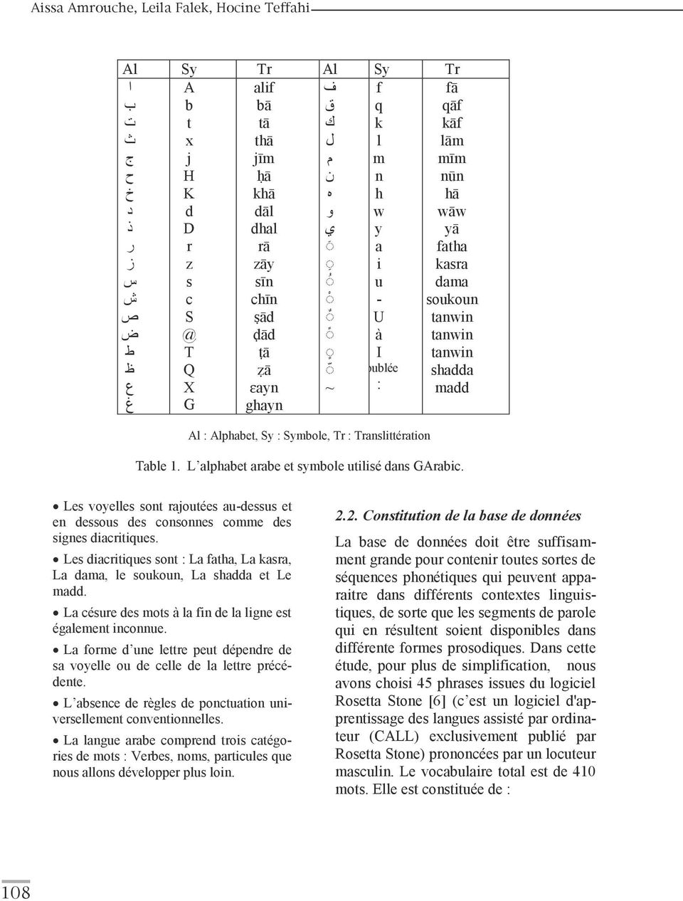 : Translittération Table 1. L alphabet arabe et symbole utilisé dans GArabic. Les voyelles sont rajoutées au-dessus et en dessous des consonnes comme des signes diacritiques.