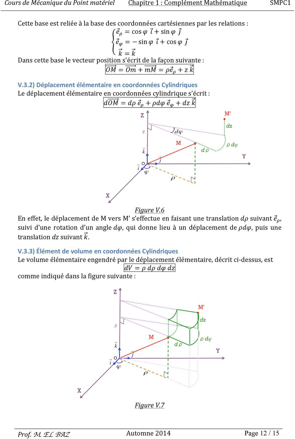 2) Déplacement élémentaire en coordonnées Cylindriques Le déplacement élémentaire en coordonnées cylindrique s écrit : = + # + Figure V.