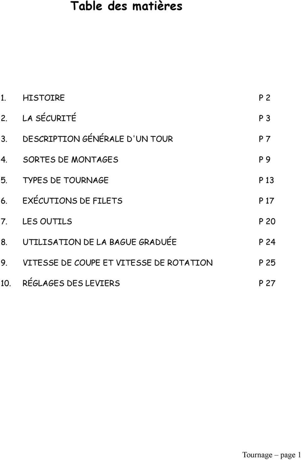 TYPES DE TOURNAGE P 13 6. EXÉCUTIONS DE FILETS P 17 7. LES OUTILS P 20 8.