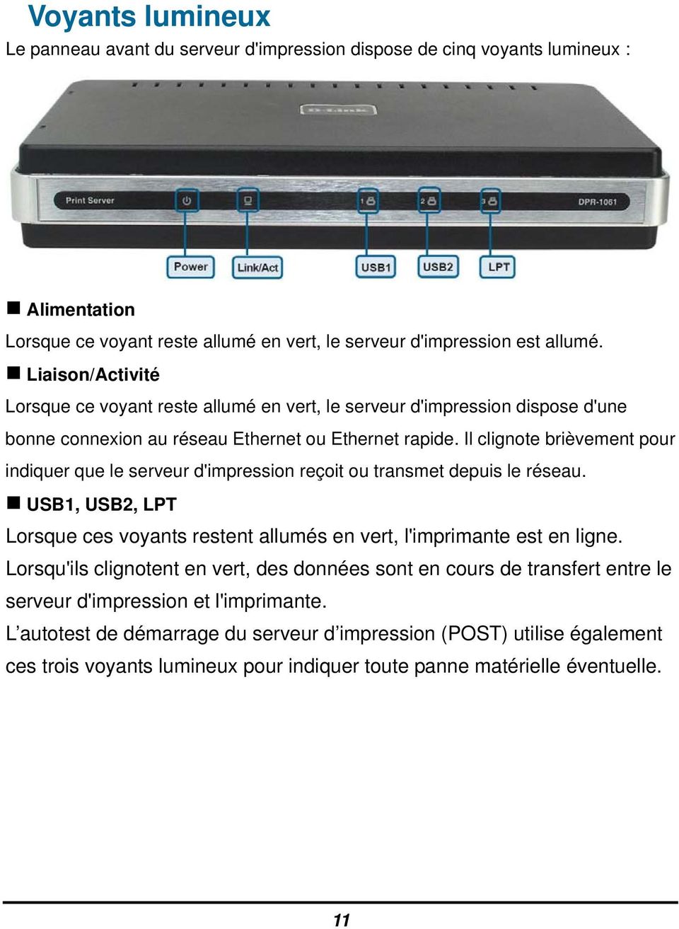 Il clignote brièvement pour indiquer que le serveur d'impression est en train de recevoir ou d'envoyer du réseau. USB1, USB2, LPT Lorsque ces voyants restent allumés en vert, l'imprimante est en ligne.