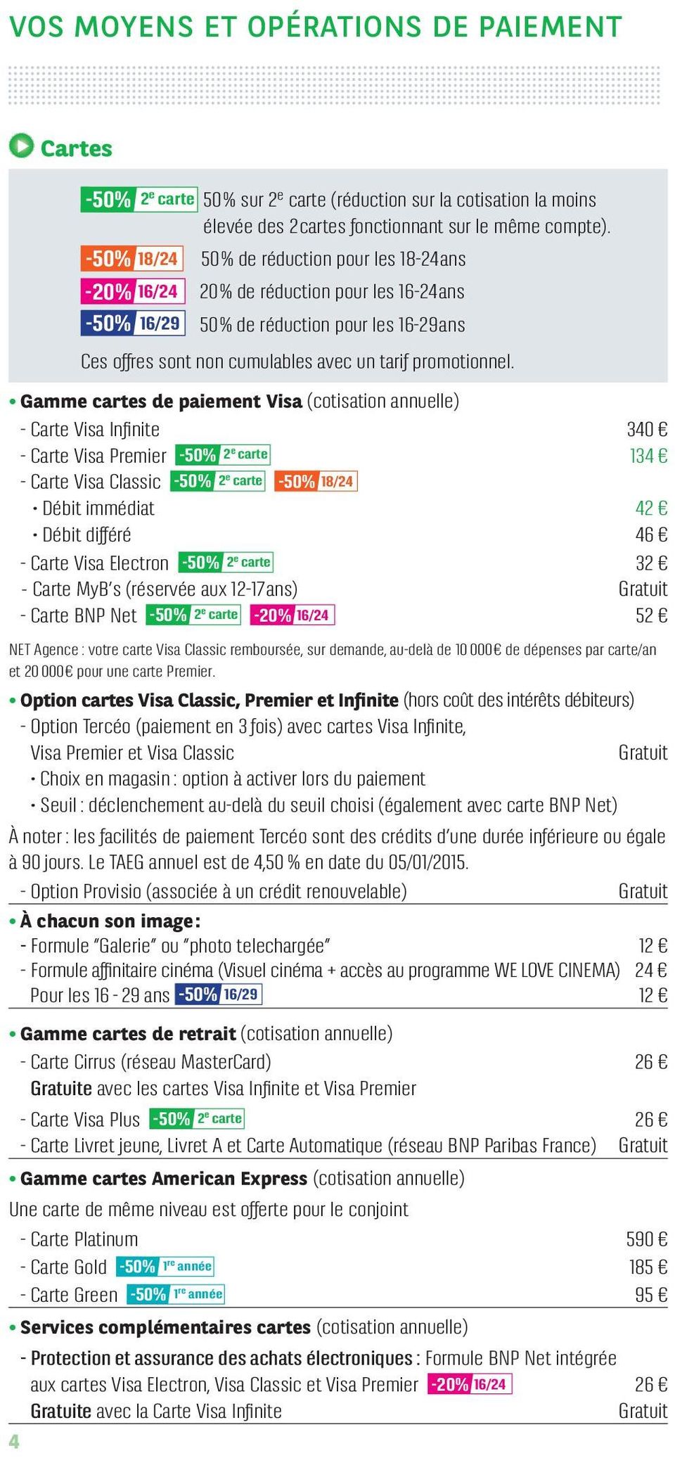 Gamme cartes de paiement Visa (cotisation annuelle) Carte Visa Infinite 340 Carte Visa Premier 50% 2 e carte 134 Carte Visa Classic 50% 2 e carte 50% 18/24 Débit immédiat 42 Débit différé 46 Carte