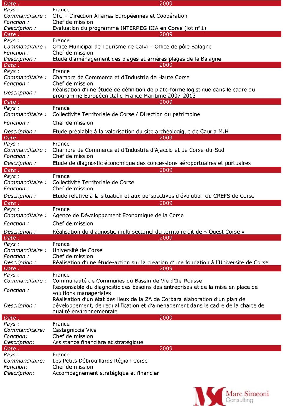 le cadre du programme Européen Italie-France Maritime 2007-2013 Commanditaire : Collectivité Territoriale de Corse / Direction du patrimoine Fonction : Chef de mission Etude préalable à la