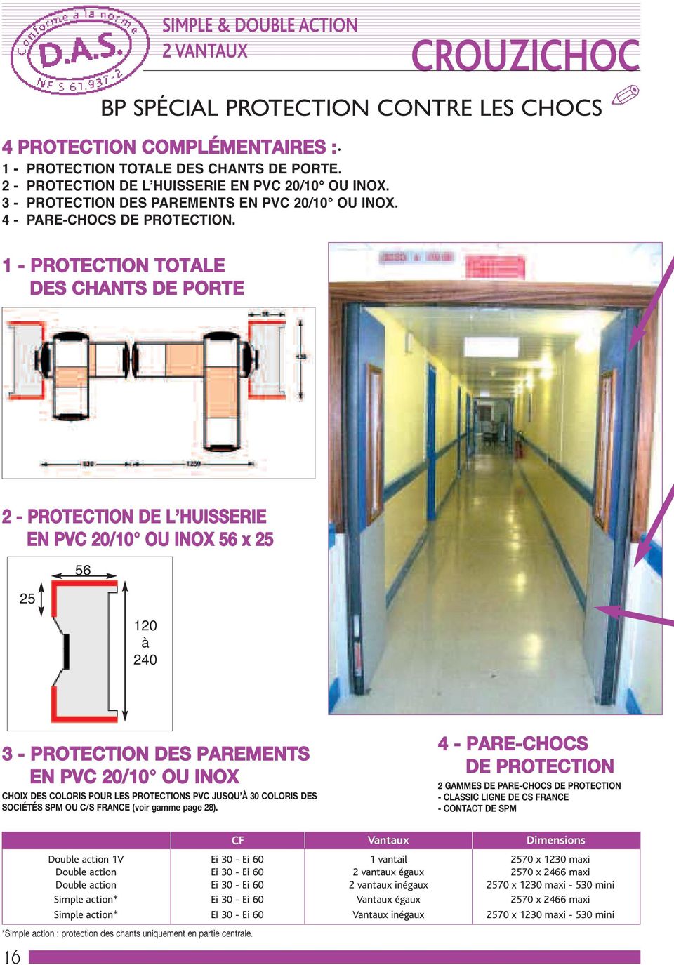 1 - PROTECTION TOTALE DES CHANTS DE PORTE 2 - PROTECTION DE L HUISSERIE EN PVC 20/10 OU INOX 56 x 25 25 56 120 à 240 3 - PROTECTION DES PAREMENTS EN PVC 20/10 OU INOX CHOIX DES COLORIS POUR LES