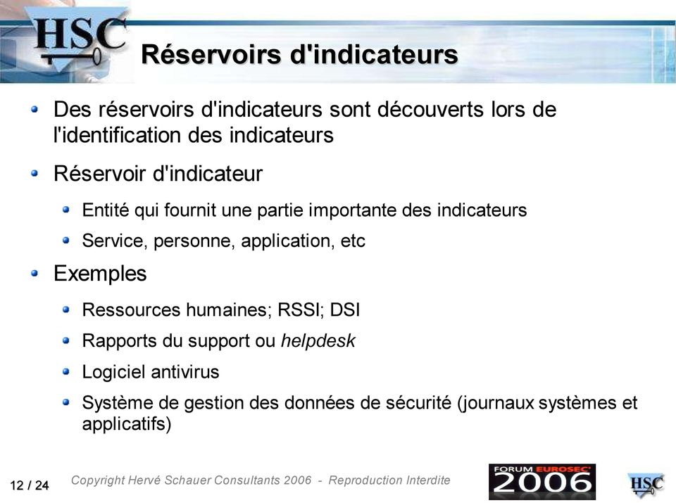 personne, application, etc Exemples Ressources humaines; RSSI; DSI Rapports du support ou helpdesk