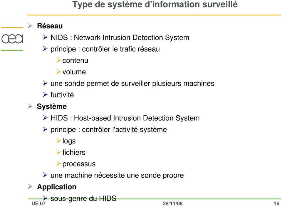 furtivité Système HIDS : Host based Intrusion Detection System principe : contrôler l'activité