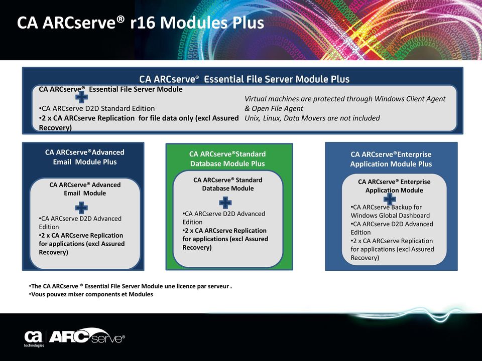 Edition 2 x CA ARCserve Replication for applications (excl Assured Recovery) CA ARCserve Standard Database Module Plus CA ARCserve Standard Database Module CA ARCserve D2D Advanced Edition 2 x CA