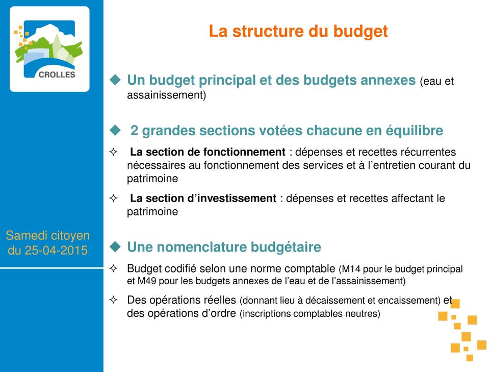 dépenses et recettes affectant le patrimoine Une nomenclature budgétaire Budget codifié selon une norme comptable (M14 pour le budget principal et M49 pour les