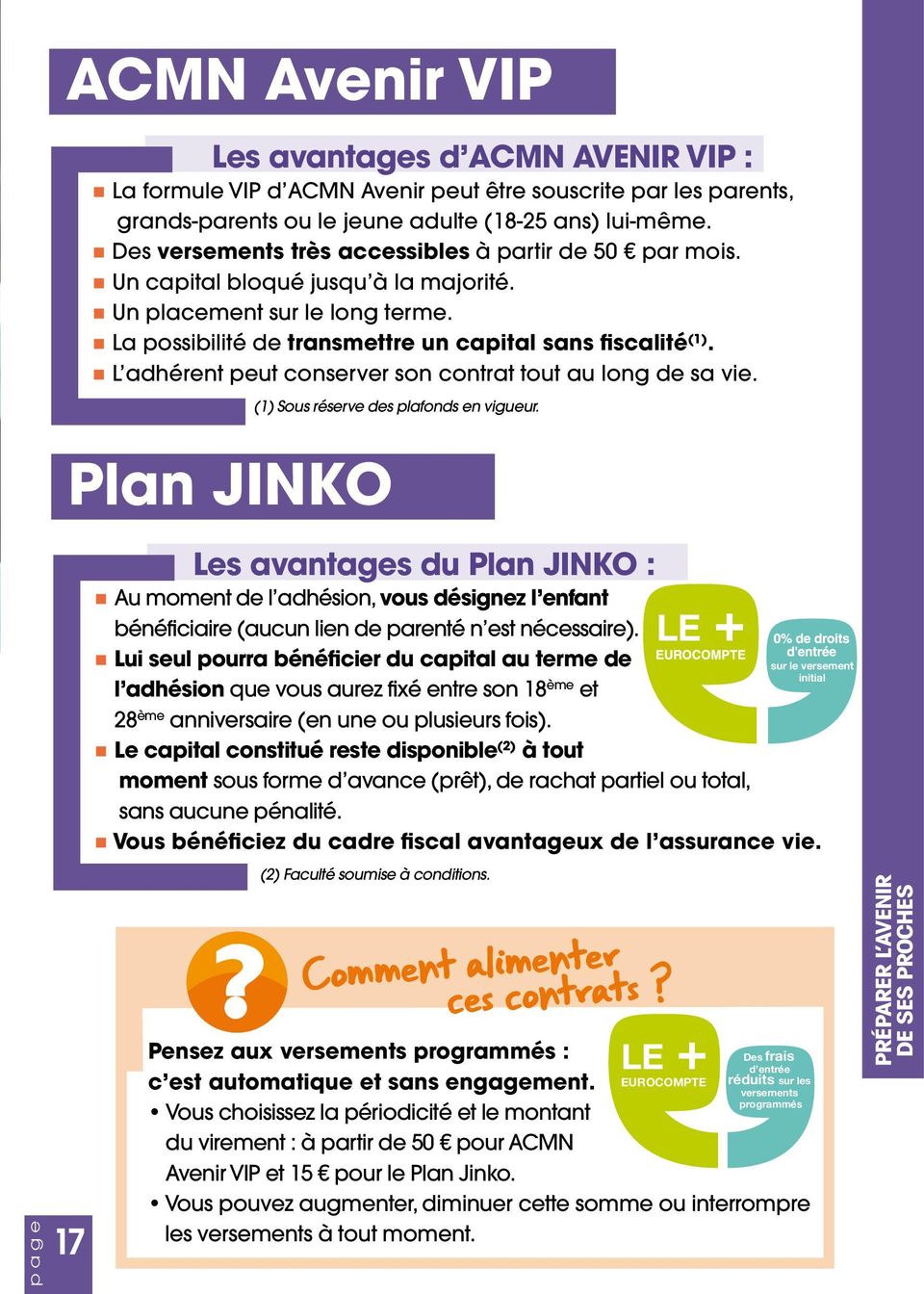 L adhérent peut conserver son contrat tout au long de sa vie. Plan JINKO (1) Sous réserve des plafonds en vigueur.