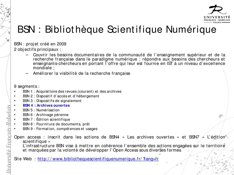 visibilité de la recherche française 9 segments : BSN 1 : Acquisitions des revues (courant) et des archives BSN 2 : Dispositif d accès et d hébergement BSN 3 : Dispositifs de signalement BSN 4 :