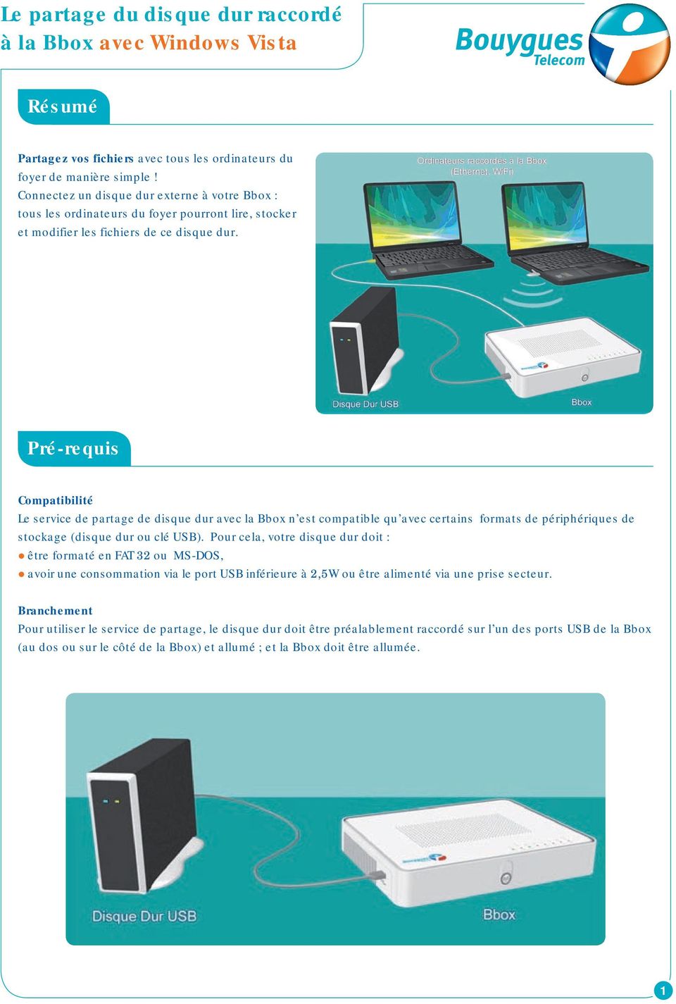 Pré-requis Compatibilité Le service de partage de disque dur avec la Bbox n est compatible qu avec certains formats de périphériques de stockage (disque dur ou clé USB).