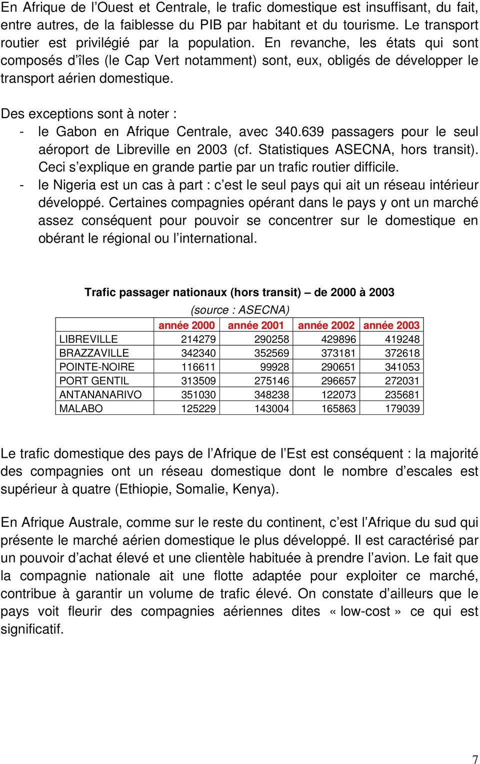 Des exceptions sont à noter : - le Gabon en Afrique Centrale, avec 340.639 passagers pour le seul aéroport de Libreville en 2003 (cf. Statistiques ASECNA, hors transit).