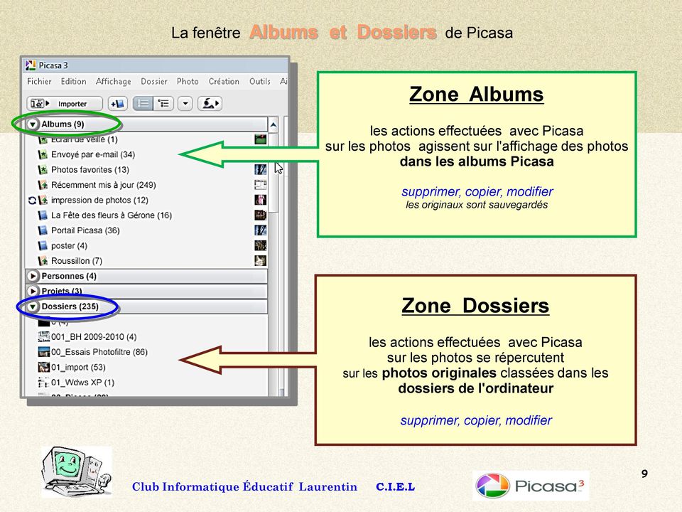 originaux sont sauvegardés Zone Dossiers les actions effectuées avec Picasa sur les photos se