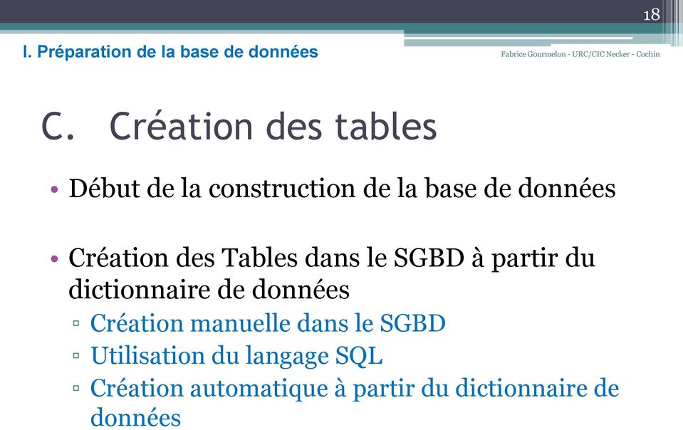Création des Tables dans le SGBD à partir du dictionnaire de données