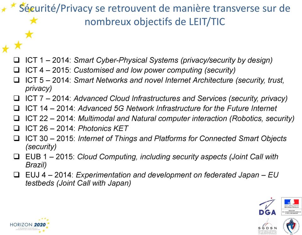 Advanced 5G Network Infrastructure for the Future Internet ICT 22 2014: Multimodal and Natural computer interaction (Robotics, security) ICT 26 2014: Photonics KET ICT 30 2015: Internet of Things and