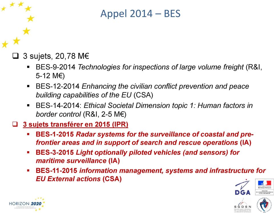 transférer en 2015 (IPR) BES-1-2015 Radar systems for the surveillance of coastal and prefrontier areas and in support of search and rescue operations (IA)