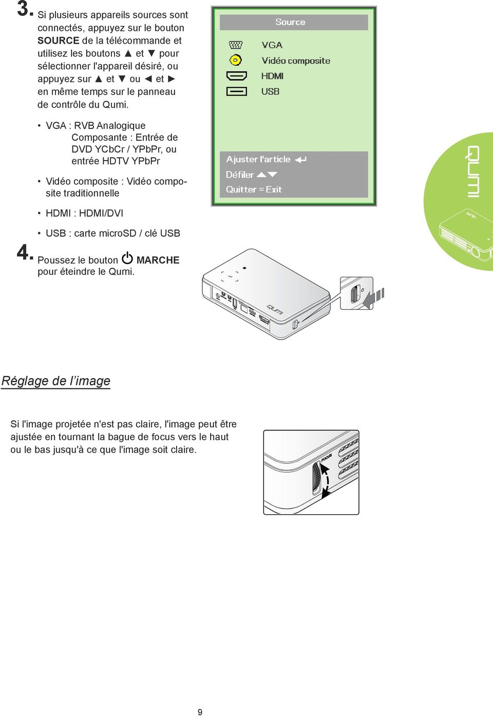 VGA : RVB Analogique Composante : Entrée de DVD YCbCr / YPbPr, ou entrée HDTV YPbPr Vidéo composite : Vidéo composite traditionnelle HDMI : HDMI/DVI USB :