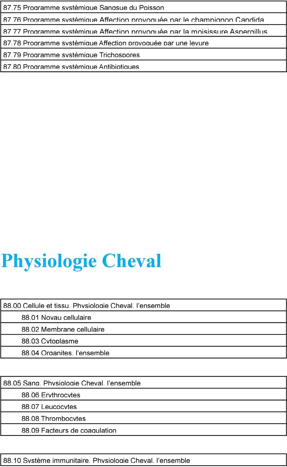 79 Programme systémique Trichospores 87.80 Programme systémique Antibiotiques Physiologie Cheval 88.00 Cellule et tissu, Physiologie Cheval, l ensemble 88.