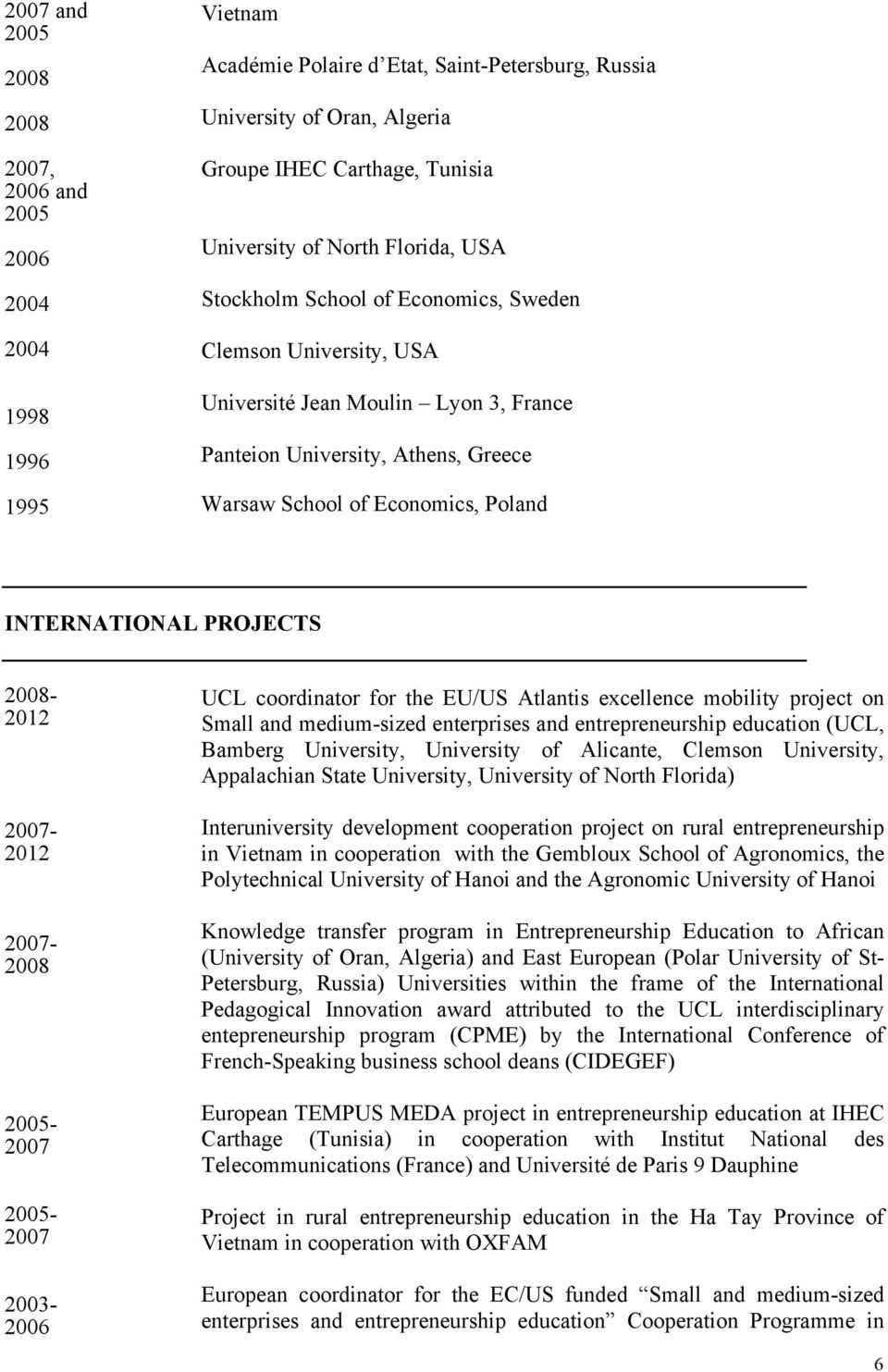 2007-2007- 2005-2007 2005-2007 2003- UCL coordinator for the EU/US Atlantis excellence mobility project on Small and medium-sized enterprises and entrepreneurship education (UCL, Bamberg University,