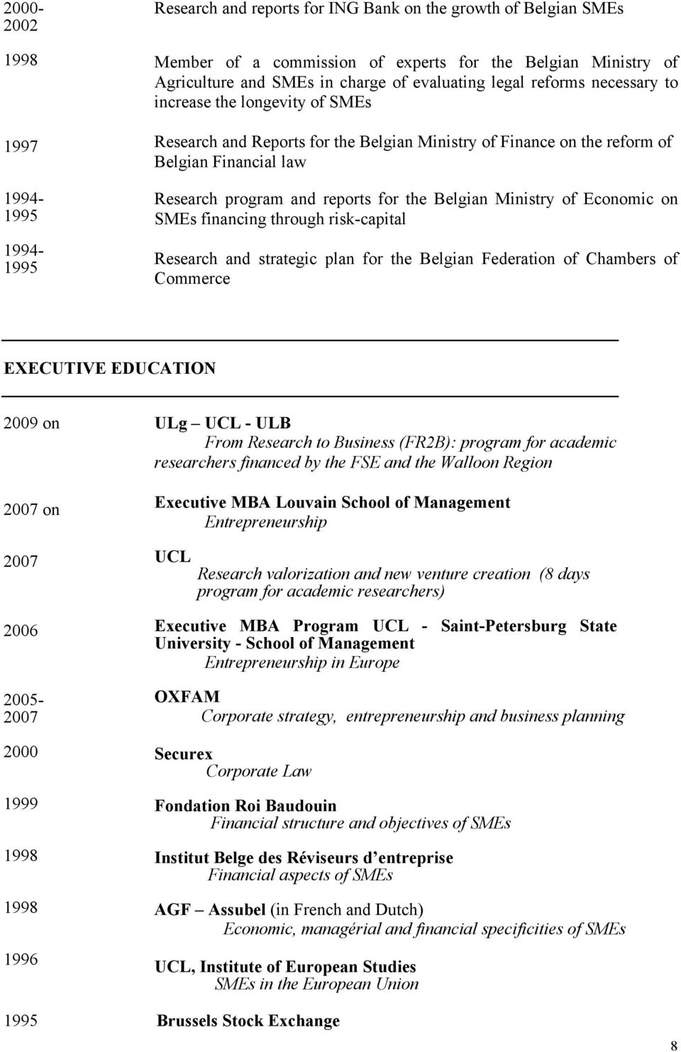 the Belgian Ministry of Economic on SMEs financing through risk-capital Research and strategic plan for the Belgian Federation of Chambers of Commerce EXECUTIVE EDUCATION on 2007 on 2007 2005-2007