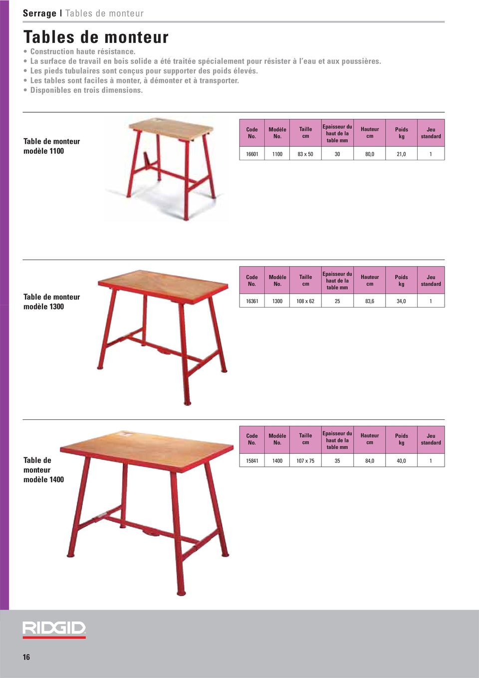 Les tables sont faciles à monter, à démonter et à transporter. Disponibles en trois dimensions.