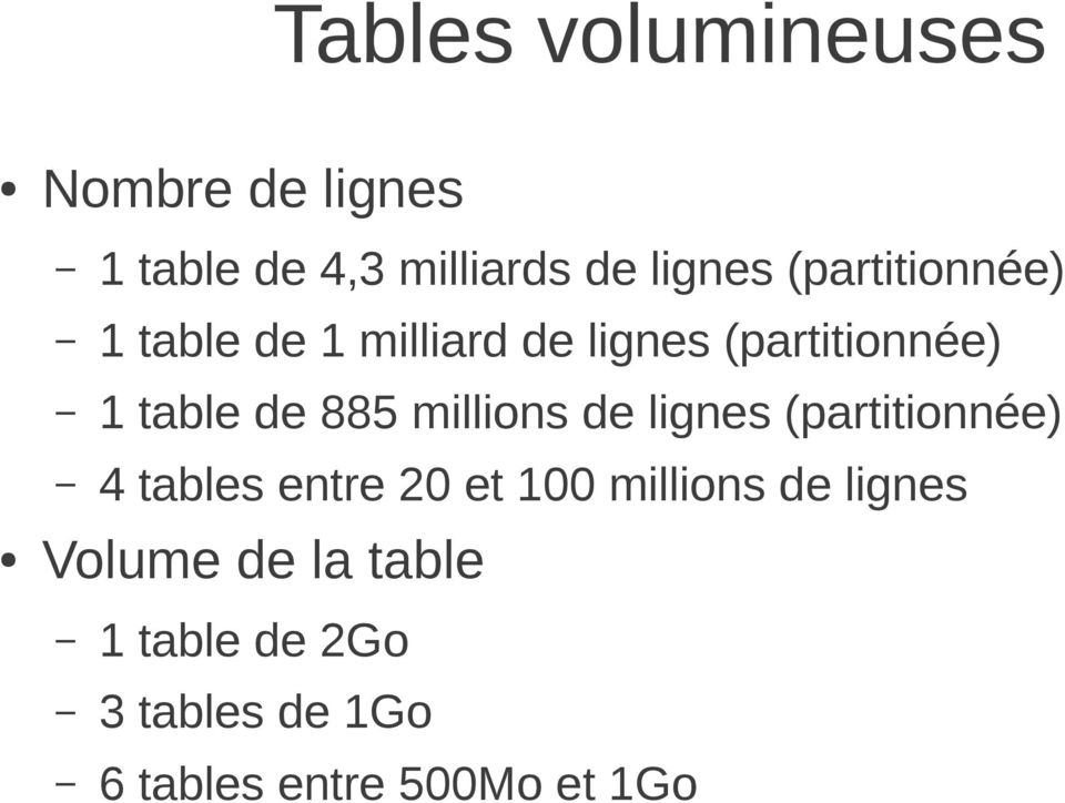 885 millions de lignes (partitionnée) 4 tables entre 20 et 100 millions de