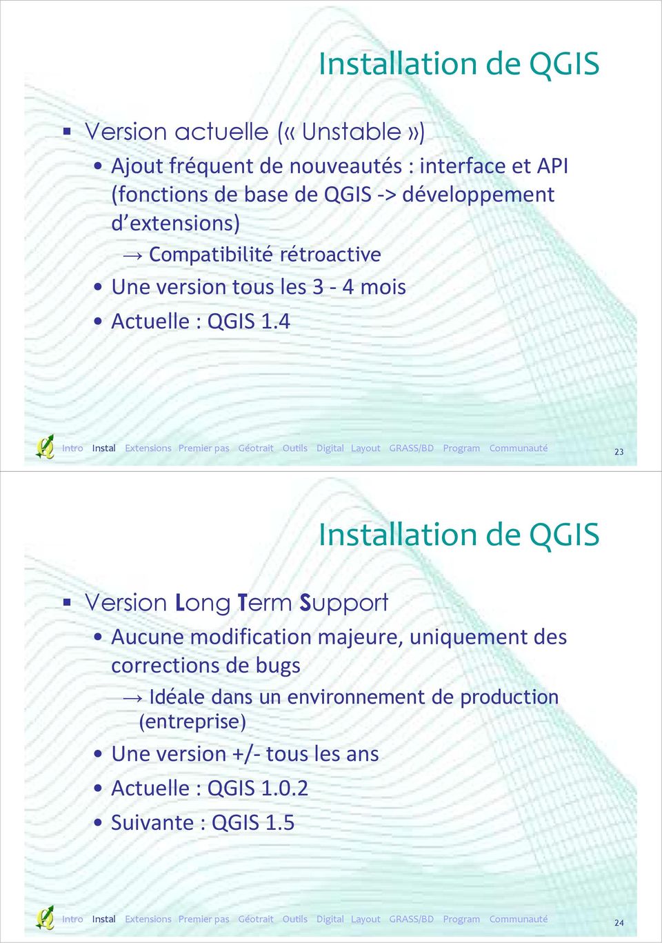 4 23 Installation de QGIS Version Long Term Support Aucune modification majeure, uniquement des corrections de bugs